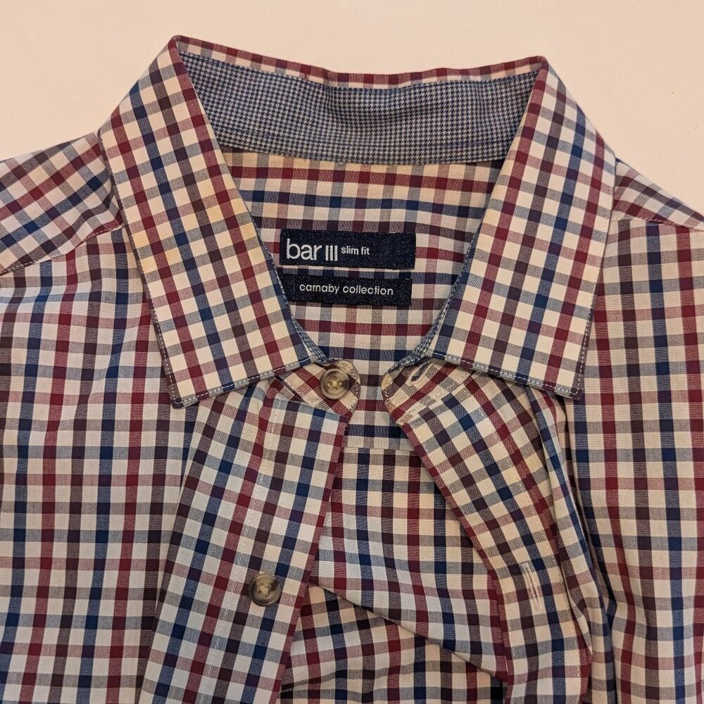 Bar III Slim Fit Dress Shirt – White with Red & Blue Plaid Checks (Men’s Medium)